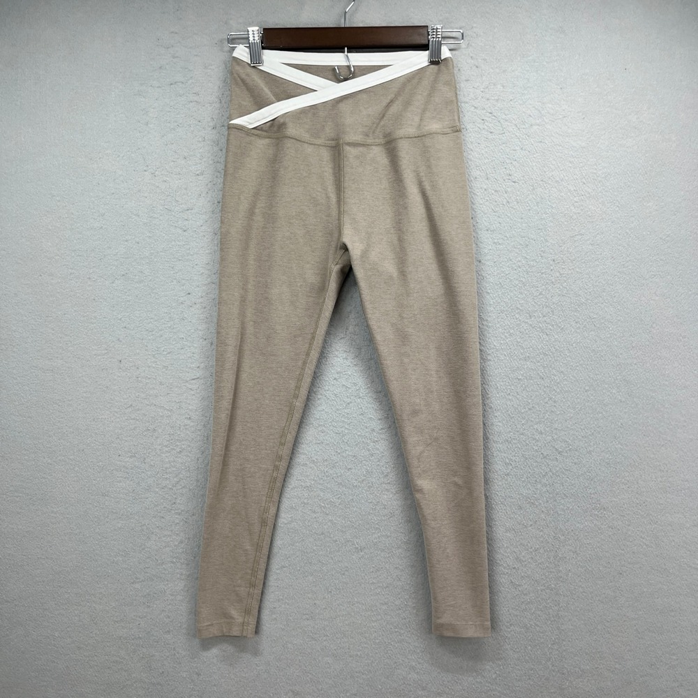 Beyond Yoga Leggings Womens M Taupe White Criss Cross Waist High Rise Athleisure